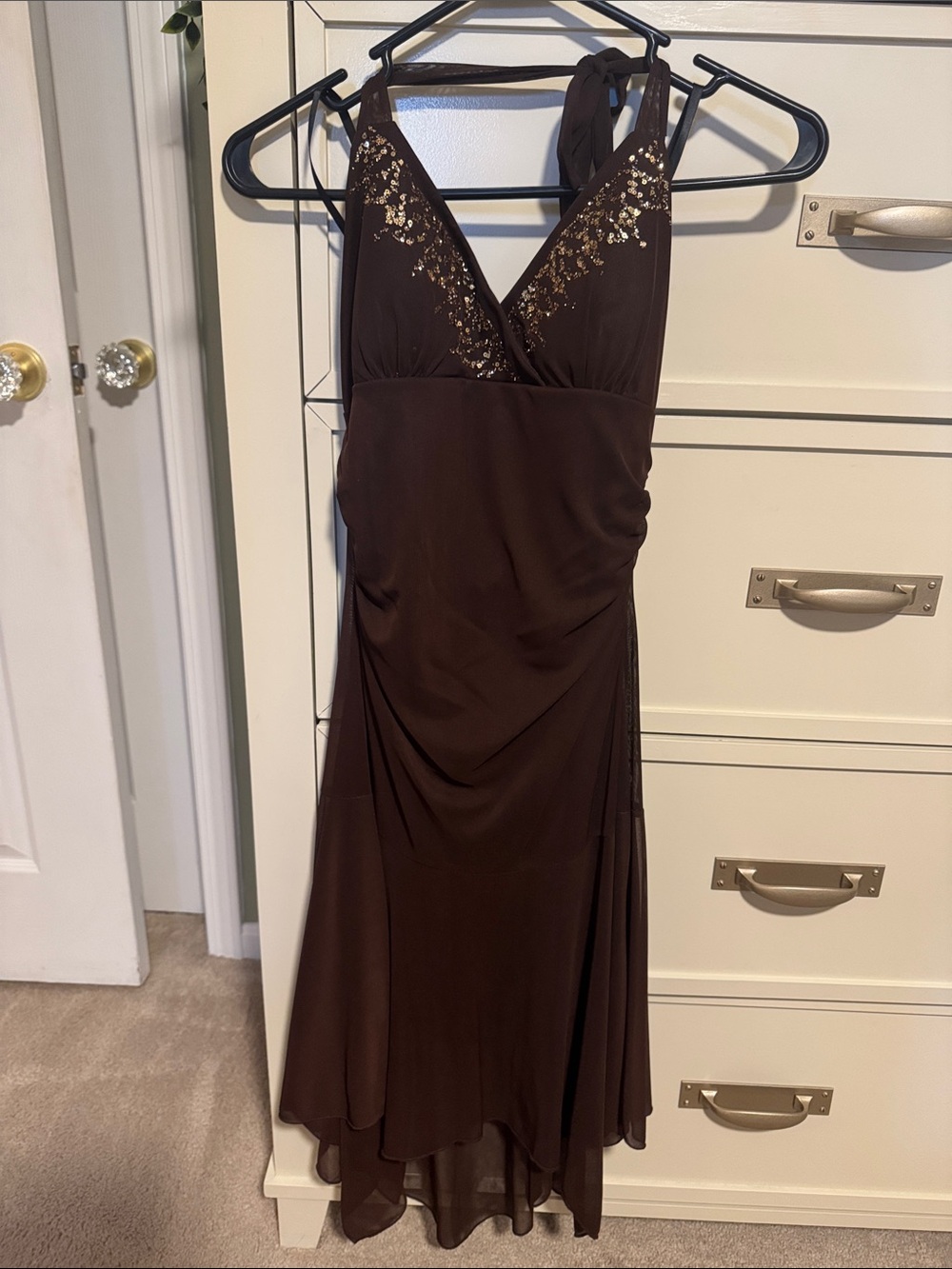 Y2K Vintage Taboo Brown Midi Dress with Gold Sequin Accents